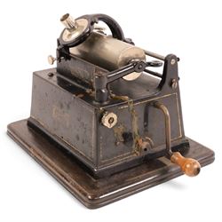 Early 20th century Edison GEM phonograph, in oak case, serial number 237880, with brass horn and a collection of wax cylinders
