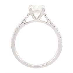 18ct white gold diamond ring, set with a single cushion cut diamond of 1.01 carat, with round brilliant cut diamond shoulders, hallmarked, with International Gemological Institute Report