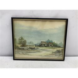 Chinese School (20th century): Figures near Cottages in Wetlands, watercolour indistinctly signed 27cm x 35cm