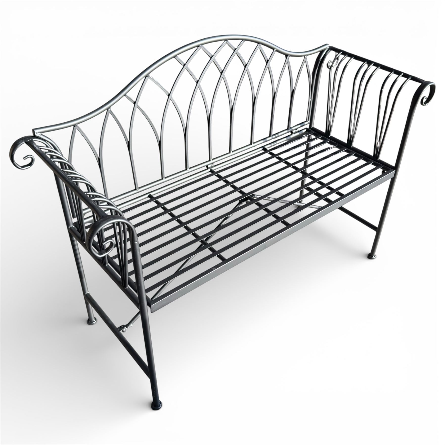 Black powder coated metal bench in a Victorian style