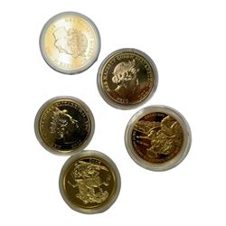 Mostly commemorative coins, medallions and fantasy coinage, including various 'Sainsbury's Makers of the Millennium' medal collection folders containing various medallions, The Toer Mint commemorative four medallion set in fitted case, Queen Elizabeth II 1982 silver proof piedfort twenty pence coin cased with certificate, various part filled The London Mint office folders etc