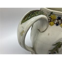 Early 19th century Prattware jug, circa 1800, decorated with two heart shaped panels of children, titled Sportive Innocence and Mischievous Sport, further decorated with acanthus and foliate borders, H22cm