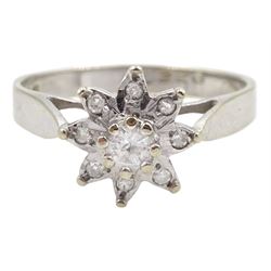 18ct white gold round brilliant cut diamond flower head cluster ring, hallmarked