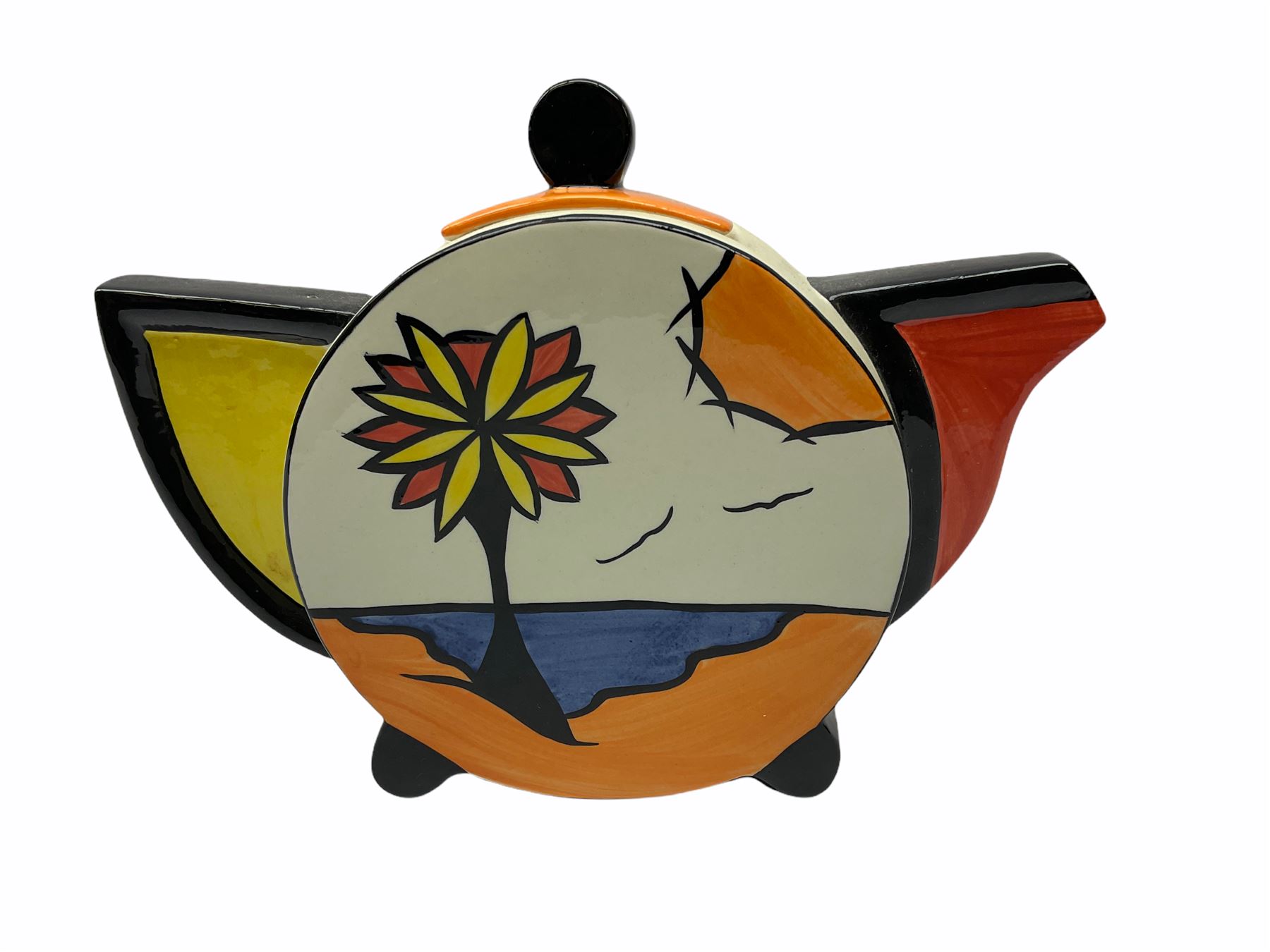 Lorna Bailey Old Ellgreave Pottery, comprising teapot in beach design, circular jar in house and path design, shell jug in Bridge and stream design, squat jug in Pagoda design and plate decorated with an Art Deco woman, all with printed and painted marks. 