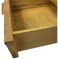 Heals of London - 1950s walnut and beech dressing table, raised triple mirror back over trinket compartments enclosed by sliding doors, above three drawers, on tapering supports