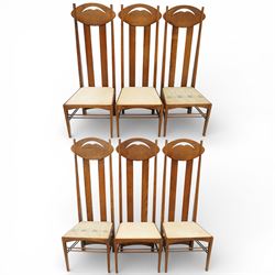 Late 20th century Mackintosh design oak 'Argyle' dining chairs, with elongated backs featu...