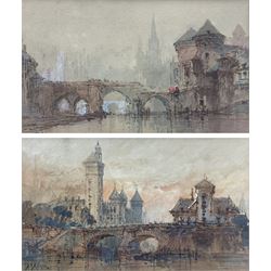  Paul Marny (French/British 1829-1914): 'Chatèlet Gaie and Pump St Michel - Old Paris', pair watercolours signed with initials, titled on the mounts 11.5cm x 19cm (2) 
Provenance: with Richard Hagen, Broadway, Worcestershire, label verso