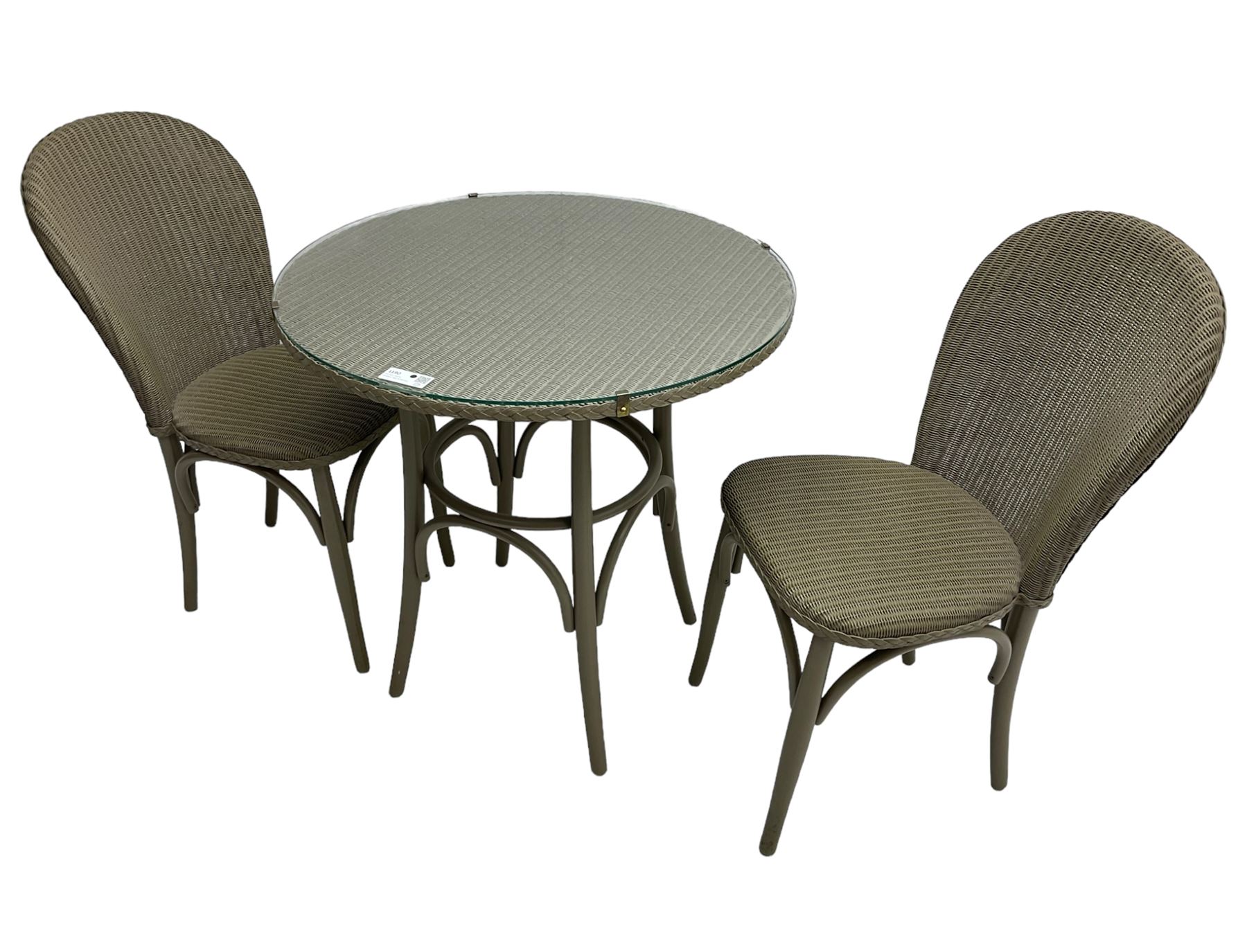 Lloyd Loom - three-piece grey painted wickerwork bistro set, circular glass top table (D76cm, H76cm); and pair matching side chairs 