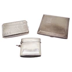 Mid 20th century silver compact, of square form with engine turned decoration, opening to reveal mirror to interior, hallmarked E J Trevitt & Sons, Birmingham 1941, together with a 1920's silver match case with engine turned decoration, hallmarked Colen Hewer Cheshire, Chester 1925, and a 1920's silver vesta vase of plain form, hallmarked Birmingham 1923, makers mark worn and indistinct, approximate gross weight 4.62 ozt (143.7 grams)