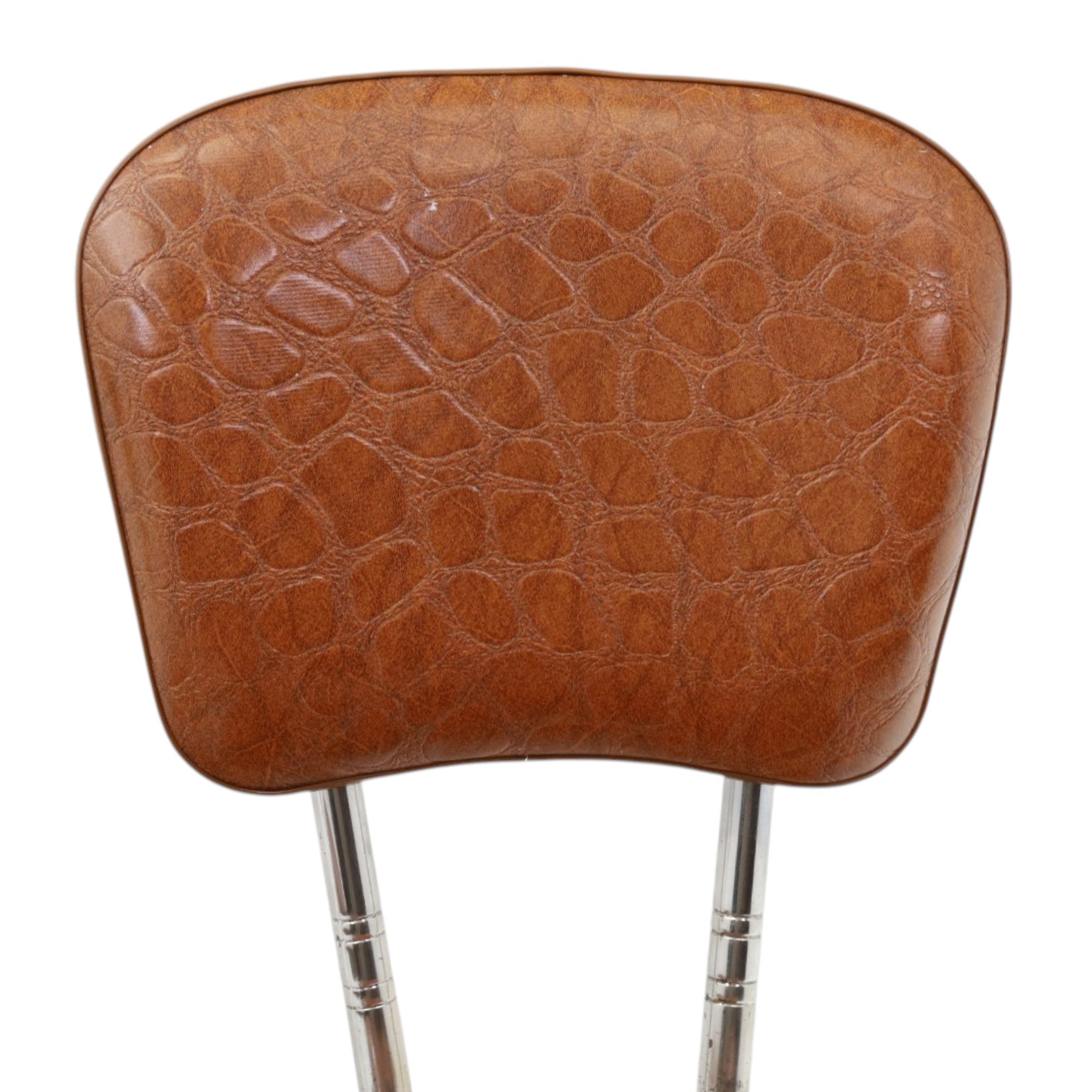 Pair of 20th century French chrome and crocodile effect bistro chairs, shaped padded back and seat upholstered in mock-croc faux leather on tapering chrome supports