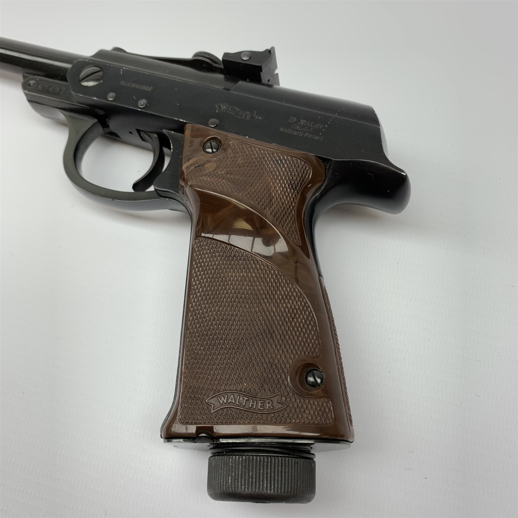Walther .177 CO2 powered air pistol model LP53 with John Walker conversion, serial no.014371 L31cm, with associated paperwork