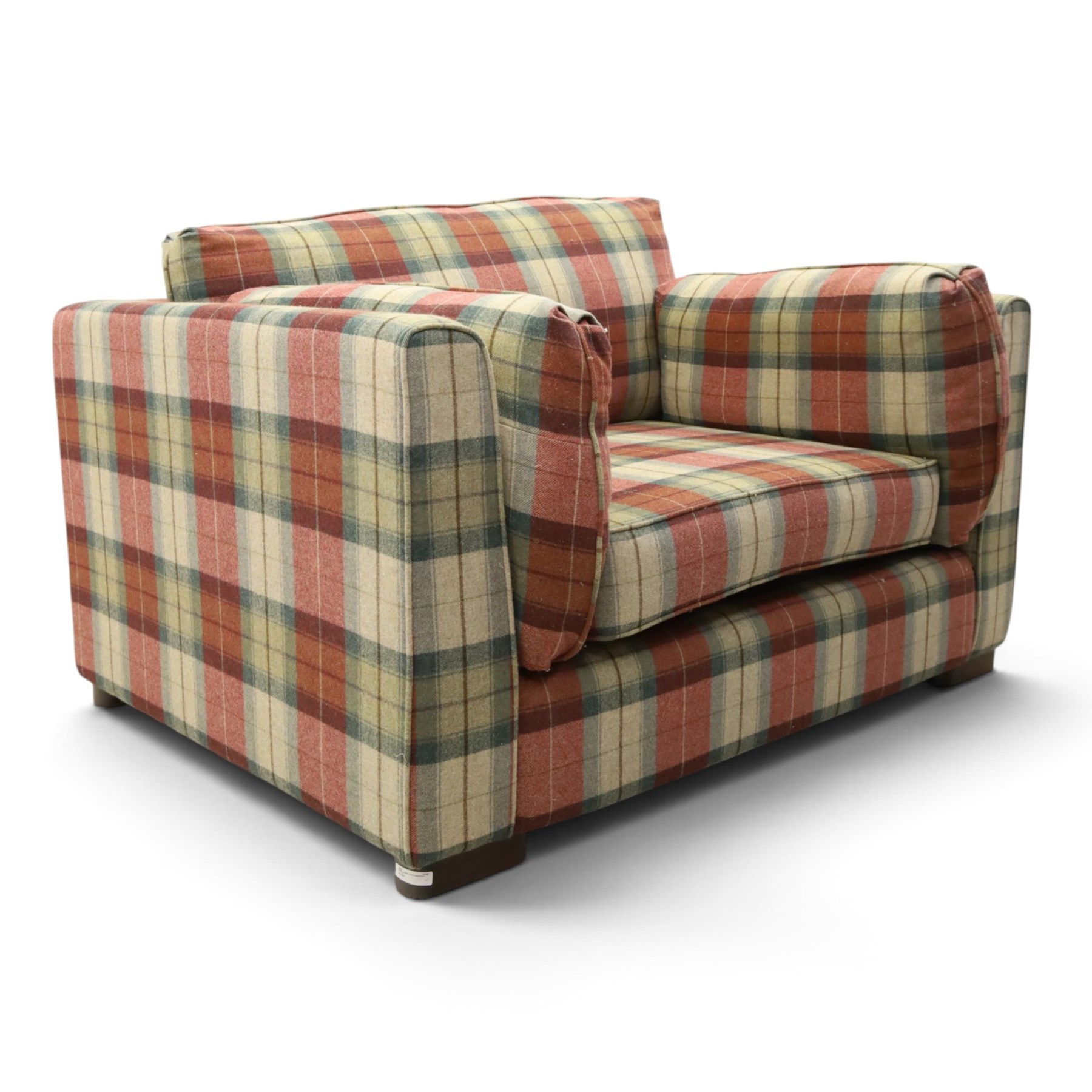 Meridian - snuggle armchair or loveseat, of traditional squared shape, upholstered in tartan fabric with loose cushions, on rectangular feet