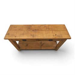 Indigo Furniture - rustic oak console table, two frieze drawers metal cup handles, stile supports with full length undertier