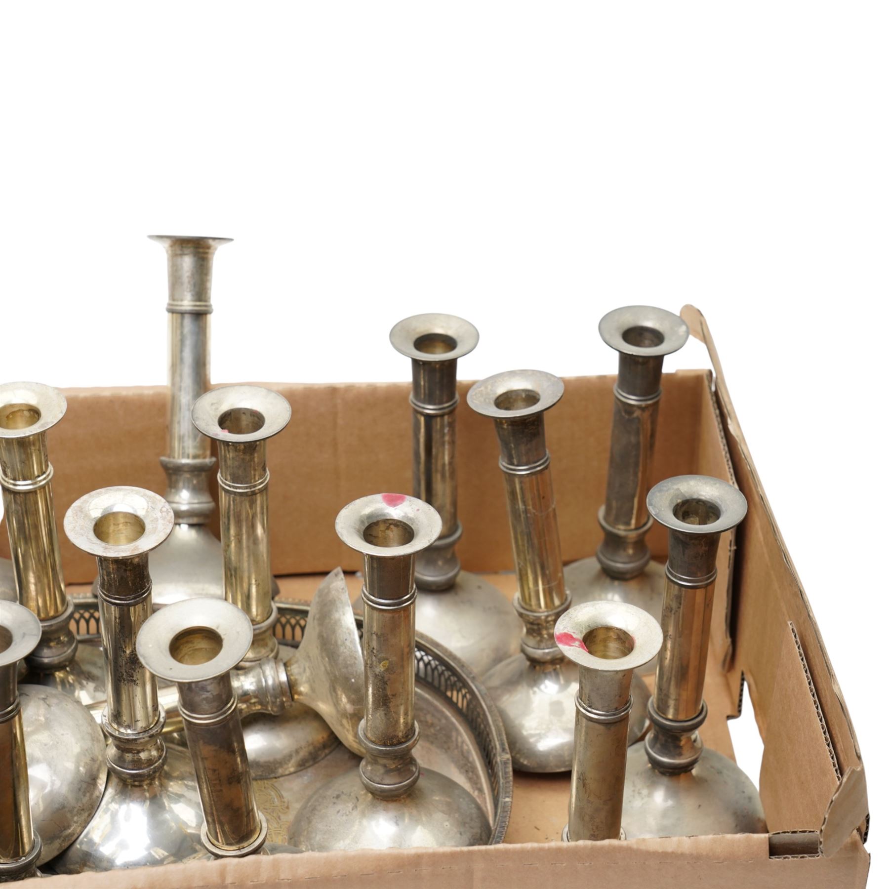 Set of twenty plated candlesticks H20cm and a plated tray