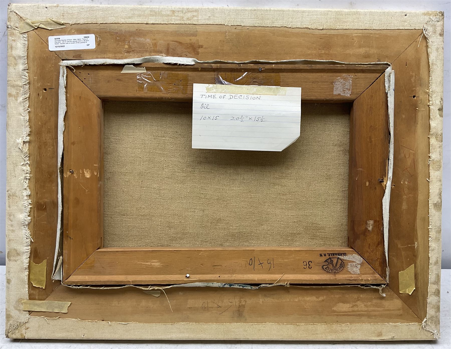 Georges Ascher (Polish 1884-1943): 'Time of Decision', oil on canvas signed 24cm x 36.5cm
Notes: Ascher was a cousin of the painter Roman Kramsztyk. He studied architecture at the Warsaw University of Technology and then continued his studies in Germany. During the war, which set Poland against the Red Army (1919-1921), he joined the Polish army alongside Marshal Piłsudski, and was wounded during the battle of Lwow. After the Polish authorities decorated him, Ascher moved to Lwow and then to Warsaw. He married and became an architect. Moving to Paris in 1925 he devoted himself to art. In 1937, he left his apartment in Paris with his wife and daughter for La Ciotat, where he painted many landscapes. In 1943, Georges and his wife were arrested and sent to the Gurs internment camp. They were deported on convoy number 60 and were died in Auschwitz. Much of Ascher’s work was destroyed in his studio while he was arrested. 
Jewish Artists of the School of Paris 1905-1939 - From 1905 to 1939, Paris attracted artists from all over the globe as the capital of the art world. This period of artistic proliferation became known as the School of Paris, and includes a great diversity of artistic expression. Within the teeming art world centred on Montparnasse, one group set itself apart: Jewish artists from Russia, Poland, and Central Europe. Although their styles were diverse, they shared the common fate of fleeing anti-Semitic persecutions in their home countries. Some became famous in the 1920s, such as Soutine, Lipchitz, and Chagall, while others did not have the time or the luck to gain renown. Nearly half of these artists died in Nazi concentration camps.