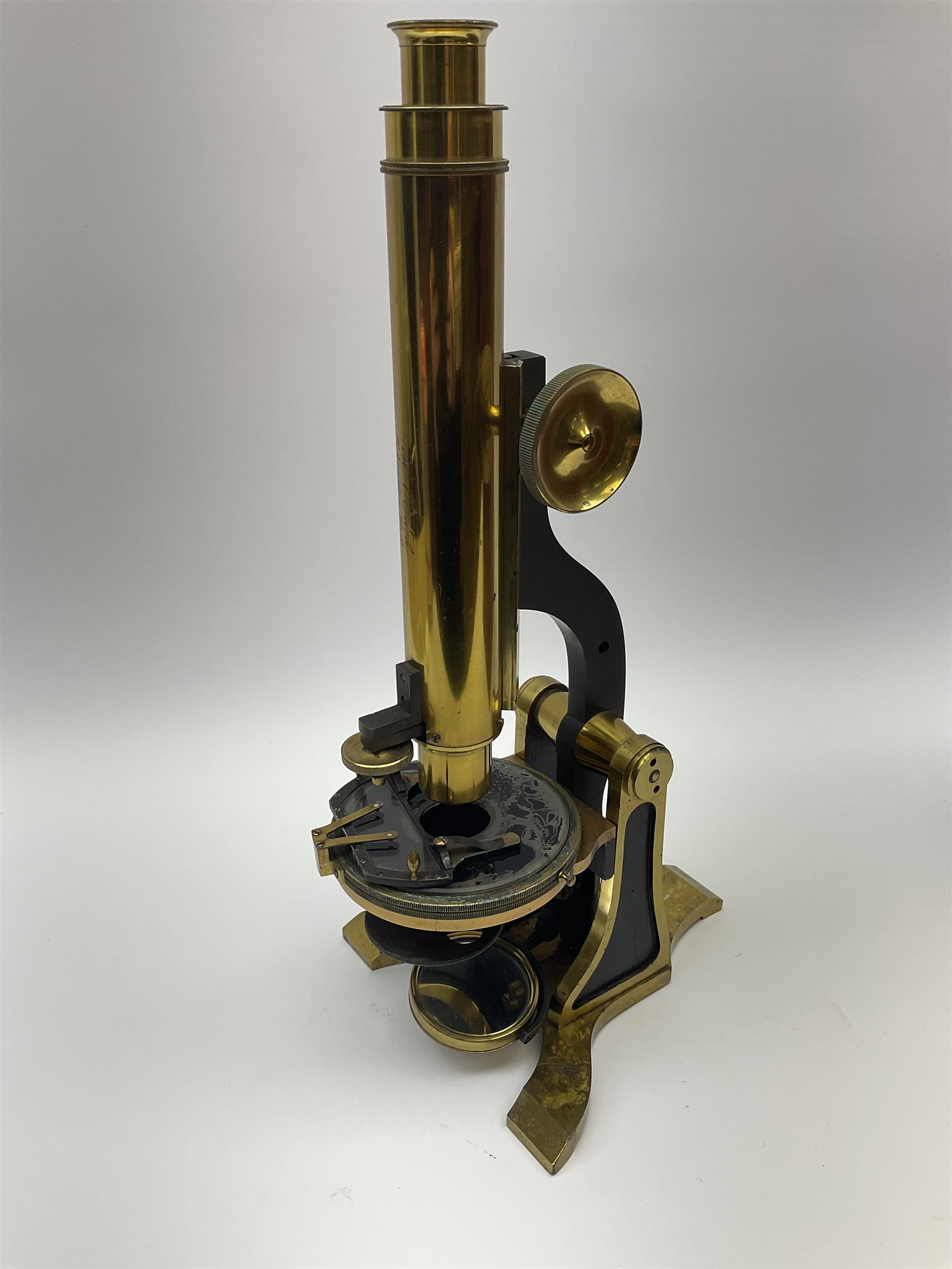 19th century Henry Crouch lacquered brass and black monocular microscope inscribed 'H. Crouch 51 London Wall London 476' with rack and pinion focusing H36cm, in fitted mahogany carrying case with extra lenses, twenty-six predominantly annotated prepared glass slides by W. Watson, Richard Suter, Wheeler, Thomas Groves etc including one marked Prize Medal Paris 1867, eight Walter White prepared card mounted slides and five original packets of C.J. Watkins unprepared specimens.