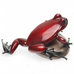 Tim Cotterill aka Frogman (British 1950-): 'Rockefeller', limited edition red patina coated solid bronze sculpture depicting a frog resting on a rock, impressed 'Frogman', signed and dated 2013, and numbered edition 661/2500 to base, W10cm 