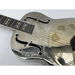 Ozark Dobro chromium plated on brass National style resonator guitar with foliate engraving L98cm; in Ritter soft carrying case