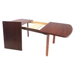 Mid-20th century mahogany extending dining table, with additional leaf, raised on square legs