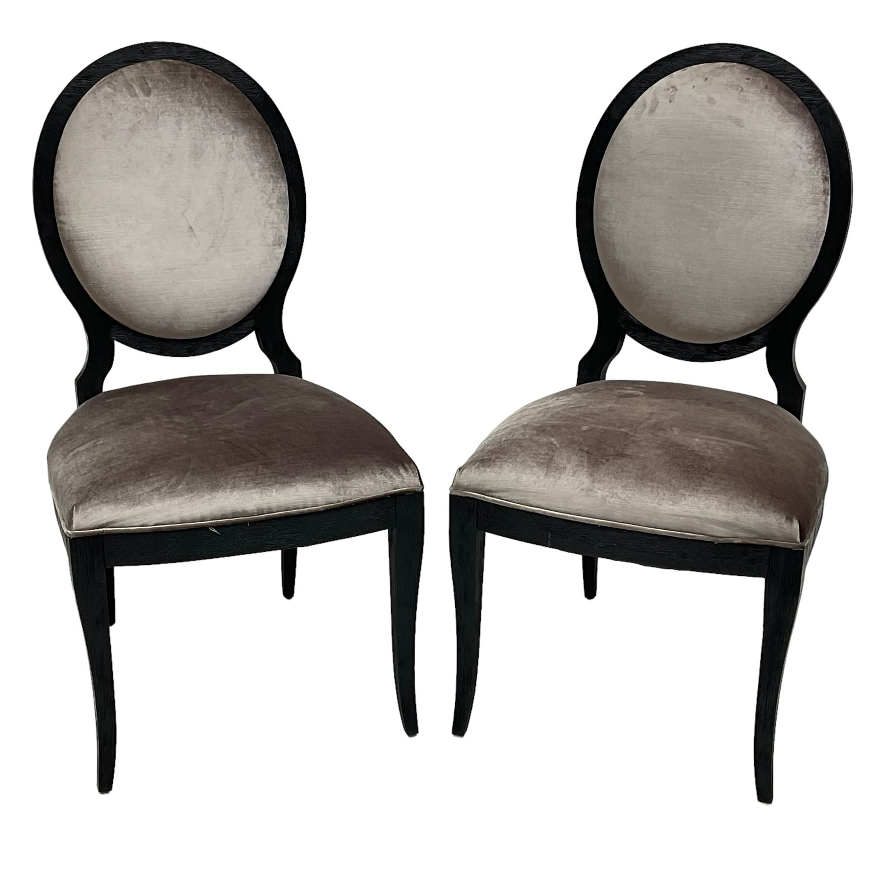 India Jane Interiors - Pair of French design cameo back dining chairs, upholstered in silver velvet fabric ebonised frame, on square tapering supports with splayed feet - ex-display/bankruptcy stock 