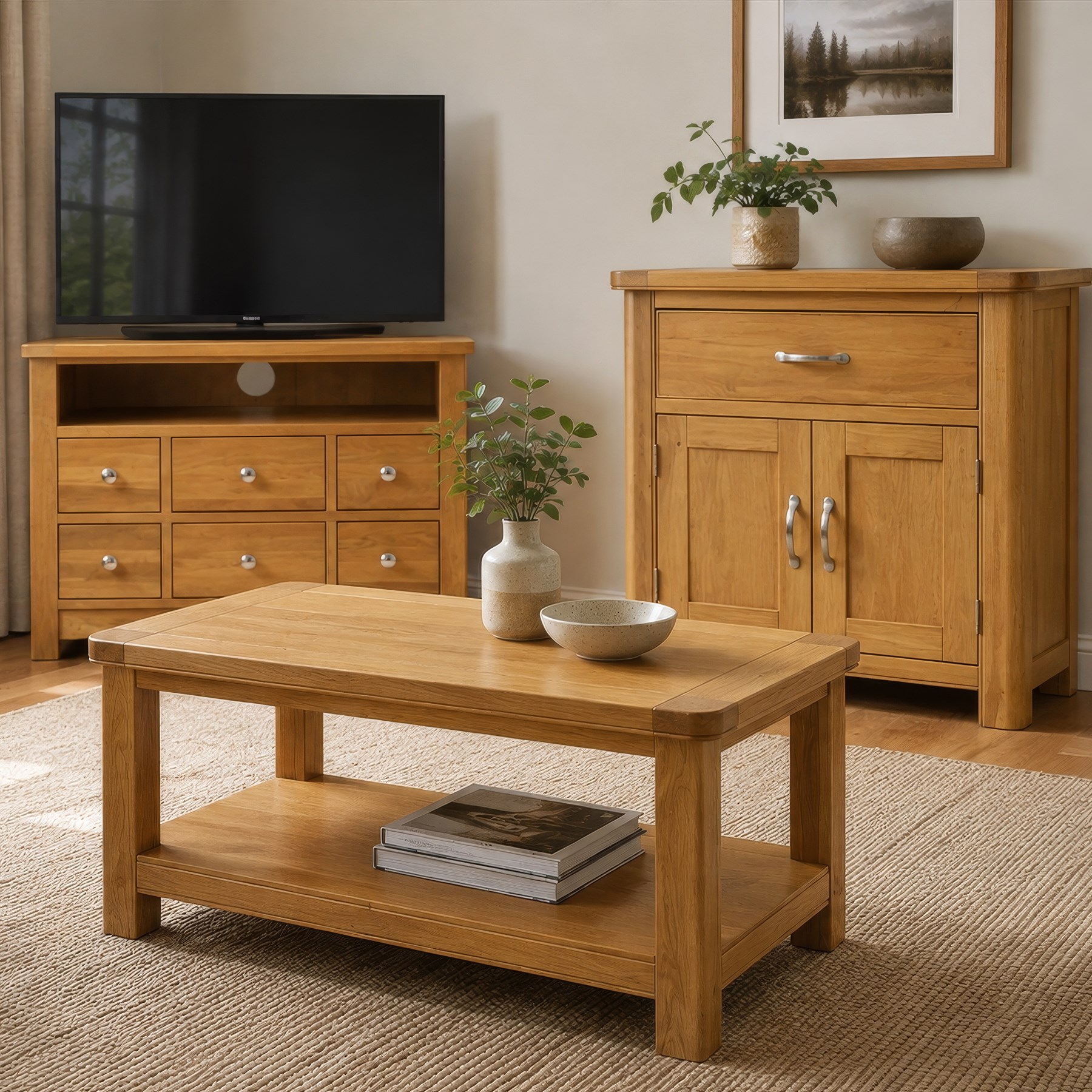 Modern oak living room set comprising; a small side cabinet, corner TV stand and coffee table, cabinet with single drawer and cabinet, finished with metal handles (H 80cm, D 32cm, W 80cm), TV stand with open recess and rear aperture for wires, above nine drawers with chrome pulls (H 62cm, D 50cm, W 84cm)  coffee table with curved edges and full length undertier (H 50cm, D 60cm, W 90cm)  