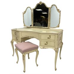 French classic design cream painted serpentine fronted dressing table with acanthus moulded edge, raised triple mirror back, fitted with five drawers, raised on cabriole supports with acanthus applied knees; with matching stool with lilac seat