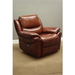  Three seat sofa (W195), and matching electric reclining armchair with USB (W100cm), upholstered in brown leather, 12 months old (This item is PAT tested - 5 day warranty from date of sale)  