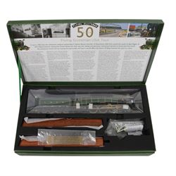 Limited edition Hornby '50th Anniversary of the Flying Scotsman USA Tour' train pack, comprising the locomotive and coal tender, missing the water tender, in LNER Apple Green livery, the running gear, tyres and handrails 18ct gold plated, limited edition no. 153/1000, in presentation box with certificate of authenticity