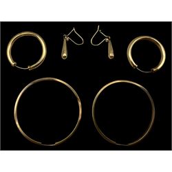 Three pairs of 9ct gold earrings, including two pairs of hoop earrings
