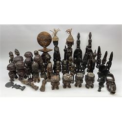 African carved wood figures, various forms and sizes including some with rope decoration, in two boxes