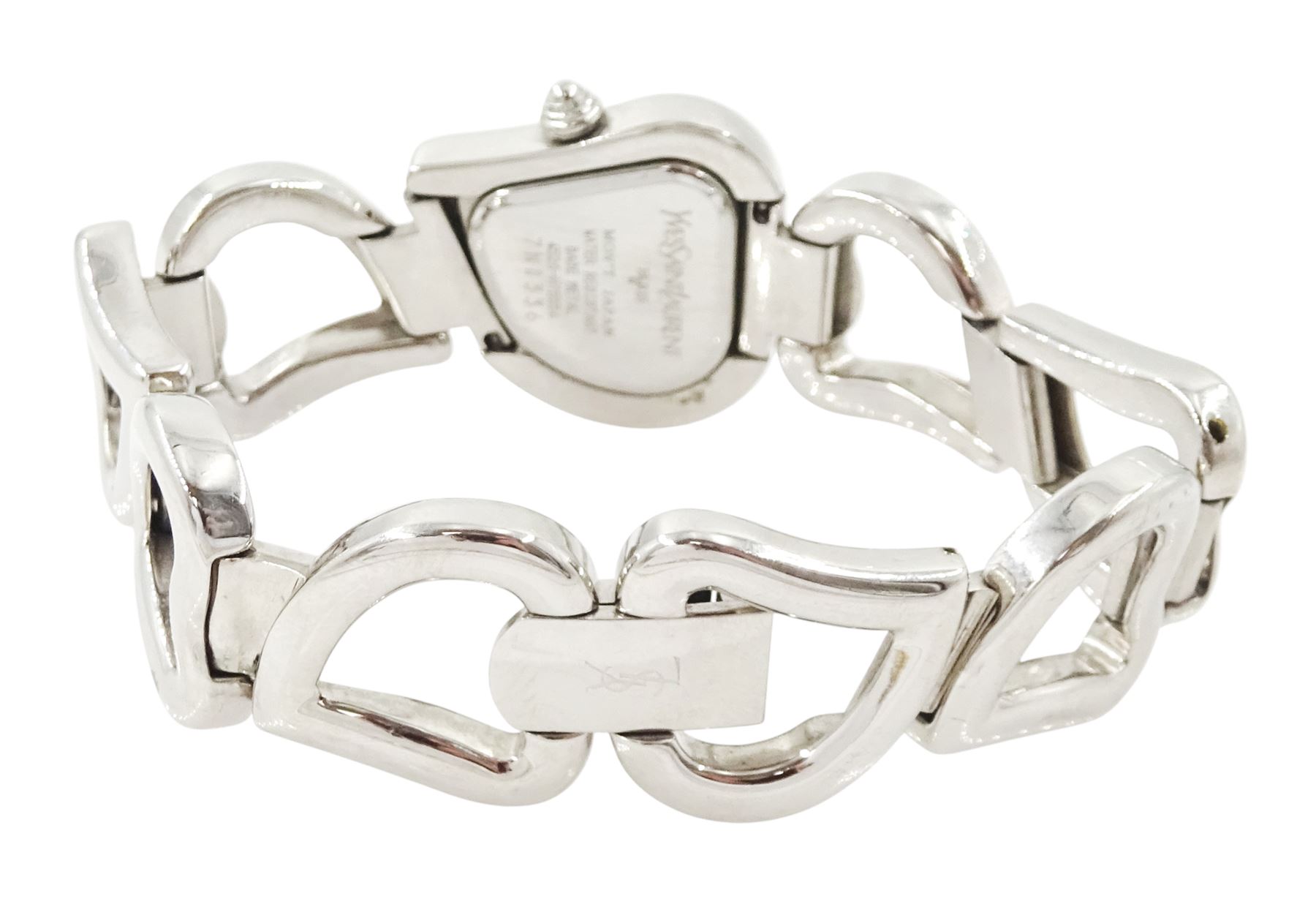 Two Yves Saint Laurent ladies stainless steel quartz wristwatches including 'Moon Phase' with gold plated bracelet, no. 284717, the other with heart shaped face and bracelet links, no. 7N0336