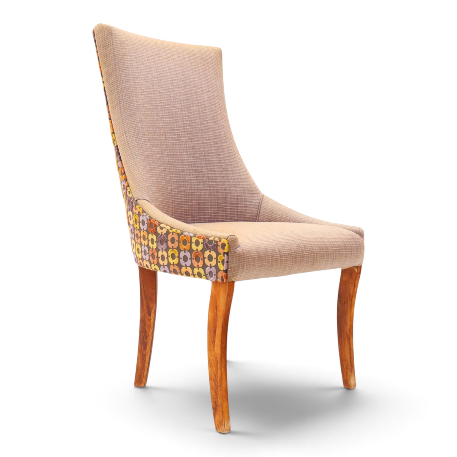 Barker & Stonehouse - cherrywood oval extending dining table and four upholstered chairs, the table with additional leaf extended to cm, raised on a turned column above swept supports, the chairs with brown upholstery and multi-coloured geometric design