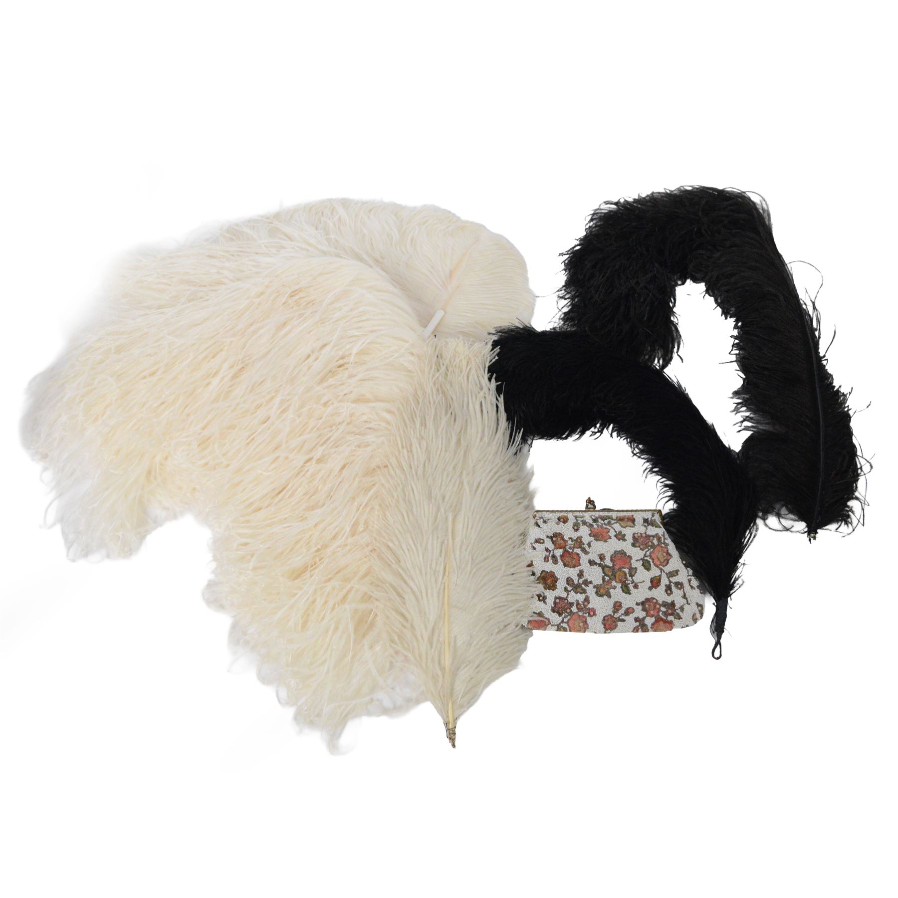 Early 20th century ostrich feather and mother of pearl fan, together with four loose ostrich feathers and a French beadwork clutch bag