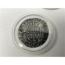 Charles I hammered silver halfcrown coin, Elizabeth I 1580 shilling and Henry VII groat