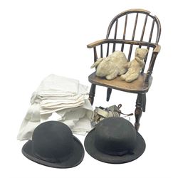  Bennetts of London bowler hat, together with another similar bowler hat, a collection of lines, two soft toys and childs chair etc