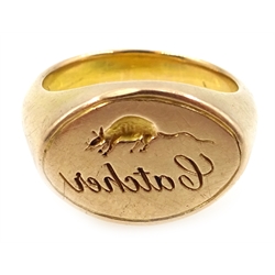  Victorian 18ct gold seal ring 'rat catcher' inscribed Rome Jan:1863, approx 15.2gm  