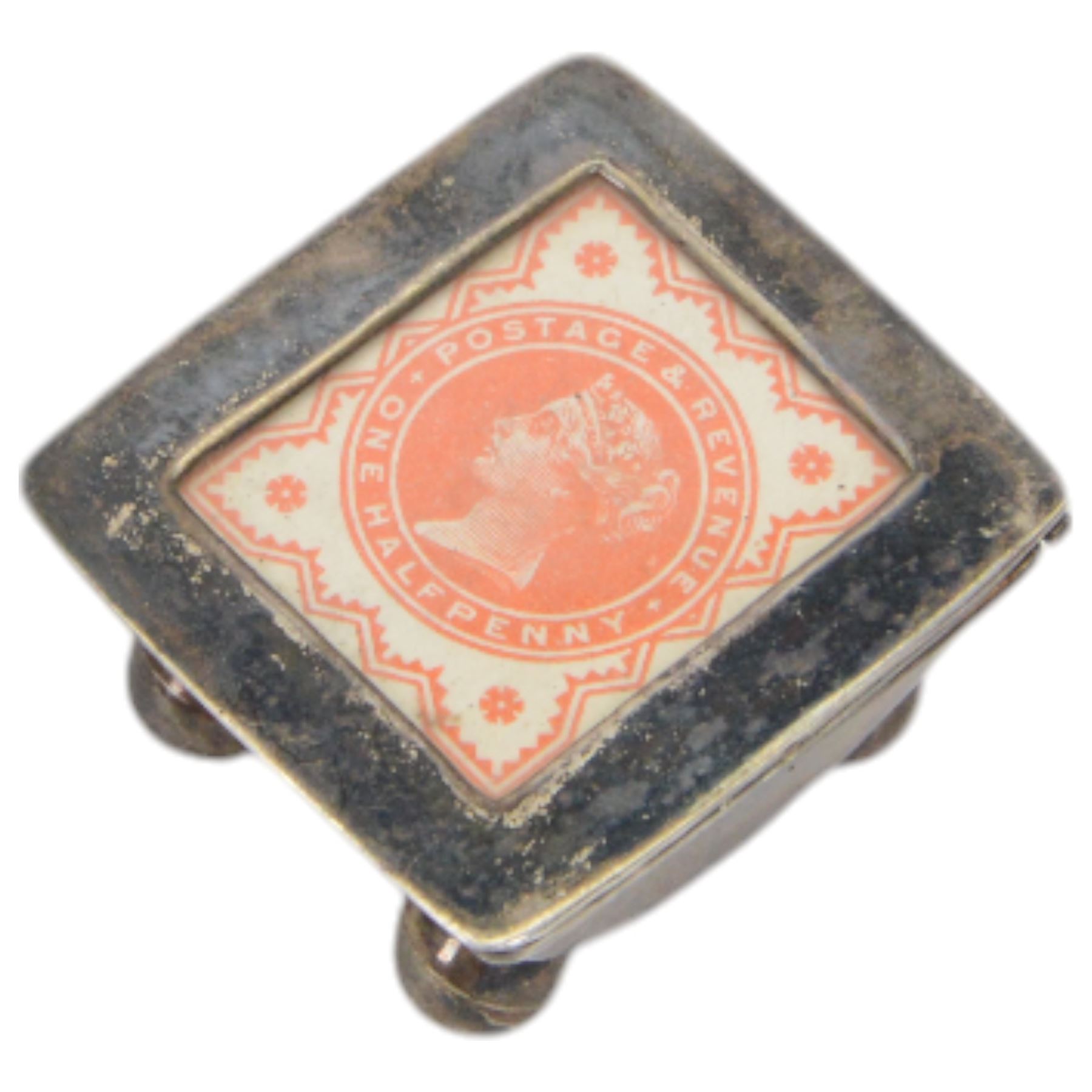 Silver stamp box, the hinged cover with glazed stamp panel, upon four bun feet, stamped 925, together with 1920's silver jewellery box of circular form with engraving to the lid, hallmarked 1920 Birmingham, indistinct maker and covered box with engraving to the lid, hallmarked probably William Harrison Walter 1907, London     