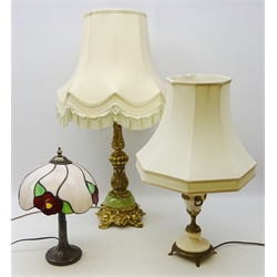  Tiffany style table lamp, ornate gilt metal & onyx style lamp and one other, with shades, H84cm   