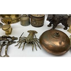 Metalware including brass jardinière with lion mask ring handles, lion mask door knocker, brass bell, copper kettle, brass model of a horse etc, in one box
