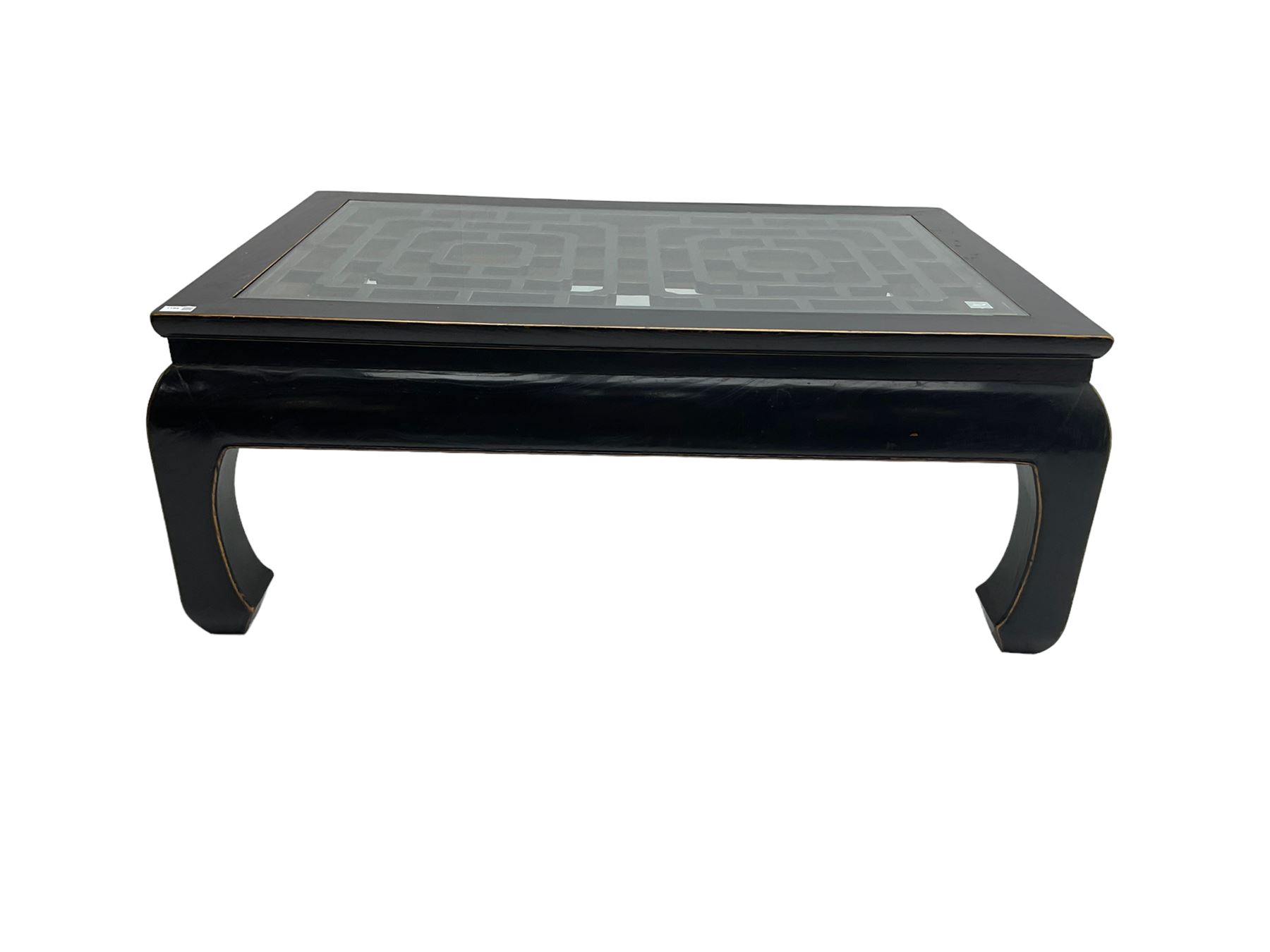 Chinese ebonised rectangular coffee table, inset glass top over pierced geometric fretwork, raised on shaped supports