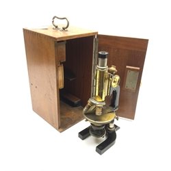  Reichert Wien Late 19th century brass and black japanned monocular microscope stamped C.Reichert Wien, No.48054, coarse and fine adjust, circular stage on horseshoe base, with three ocular and five objective lenses, in fitted mahogany case   