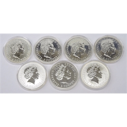  Seven one ounce fine silver Britannias 1998, 2000, 2003, 2006, 2007, 2008 and 2009, all in protective capsules  