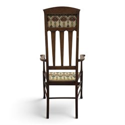Robson & Sons, Newcastle on Tyne - Arts & Crafts high back armchair, upholstered in Mackintosh style fabric, shaped armrests and cylindrical supports united by stretchers