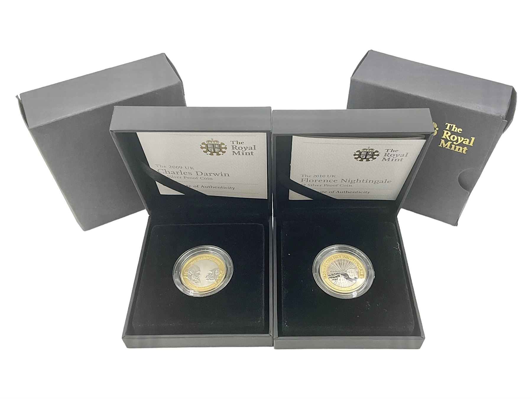 Two The Royal Mint United Kingdom silver proof two pound coins, comprising 2009 'Charles Darwin' and 2010 'Florence Nightingale', both cased with certificates