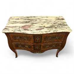 Late 18th-century Louis XV kingwood marquetry commode, rectangular top with original serpentine Breche marble top, above two long crossbanded drawers with rococo style gilt bronze handles and escutcheons in marquetry framed panel in various woods, shaped and centered apron with gilt bronze foliate mounts, sides and drawer fronts with cube geometric marquetry design, on slender cabriole legs with gilt bronze sabots  