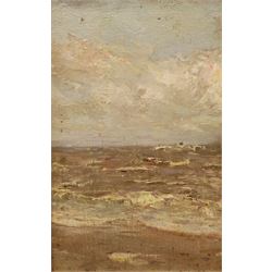 Paul Paul (Staithes Group 1865-1937): Waves Breaking on the Seashore, oil on canvas board, artist's studio stamp verso 21cm x 13cm 
Provenance: from the artist's studio collection. Paul Politachi, born in Constantinople in 1865, was the son of Constantine Politachi (1840-1914), a merchant in cotton goods, and his wife Virginie. About 1870 the family came to England, and in 1871 Paul is listed as living at 4 Victoria Crescent, Broughton, Salford with his parents, two younger sisters Eutcripi and Emilie, paternal grandmother Fotine, a governess and a servant. In January 1887 he enrolled at Hubert von Herkomer's School at Bushey, where he presumably met fellow future Staithes Group members Rowland Henry Hill and Percy Morton Teasdale.

After his marriage to Marion Archer in 1896 he changed his name to the more Anglophone Paul Plato Paul. He exhibited at the Royal Academy ten times between 1901 and 1932. He was elected to the Royal Society of British Artists in 1903 and in that year exhibited 'The Old Pier, Walberswick' and 'The Road to the Village' in their winter exhibition. Two years later he was elected a member of the Staithes Art Club, alongside Teasdale. He died at 11 Bath Road, Bedford Park, Brentford, Middlesex on 23 January 1937, aged 71.