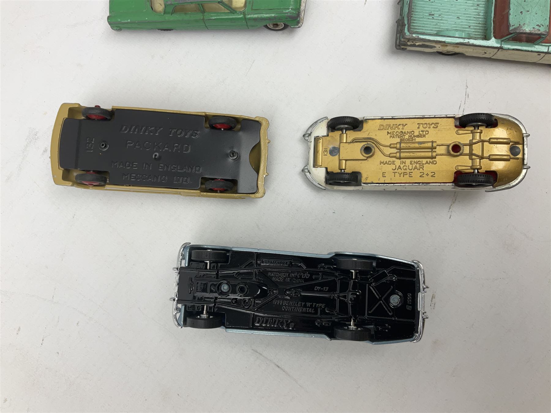Dinky - thirteen unboxed and playworn/repainted early die-cast cars including Packard No.132, Austin A105 No.176, Rolls-Royce Silver Wraith No.150, Triumph Herald, Hillman Imp No.138, Rolls-Royce Phantom V No.198, Jaguar 'E' Type 2+2 No.131, Chevrolet El Camino No.449, French Panhard 24 No.524, Hudson Hornet No.174 etc; and Matchbox Dinky 1955 Bentley 'R' Type Continental (14)