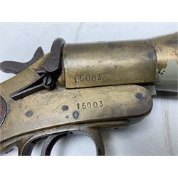 Schermulys Patent No.503324 nitro proof line throwing pistol No.15003; brass body with proof marks; the 32cm steel barrel with secondary handle over and original transfer 'The Schermuly Pistol Rocket Apparatus Ltd. London' L51cm overall