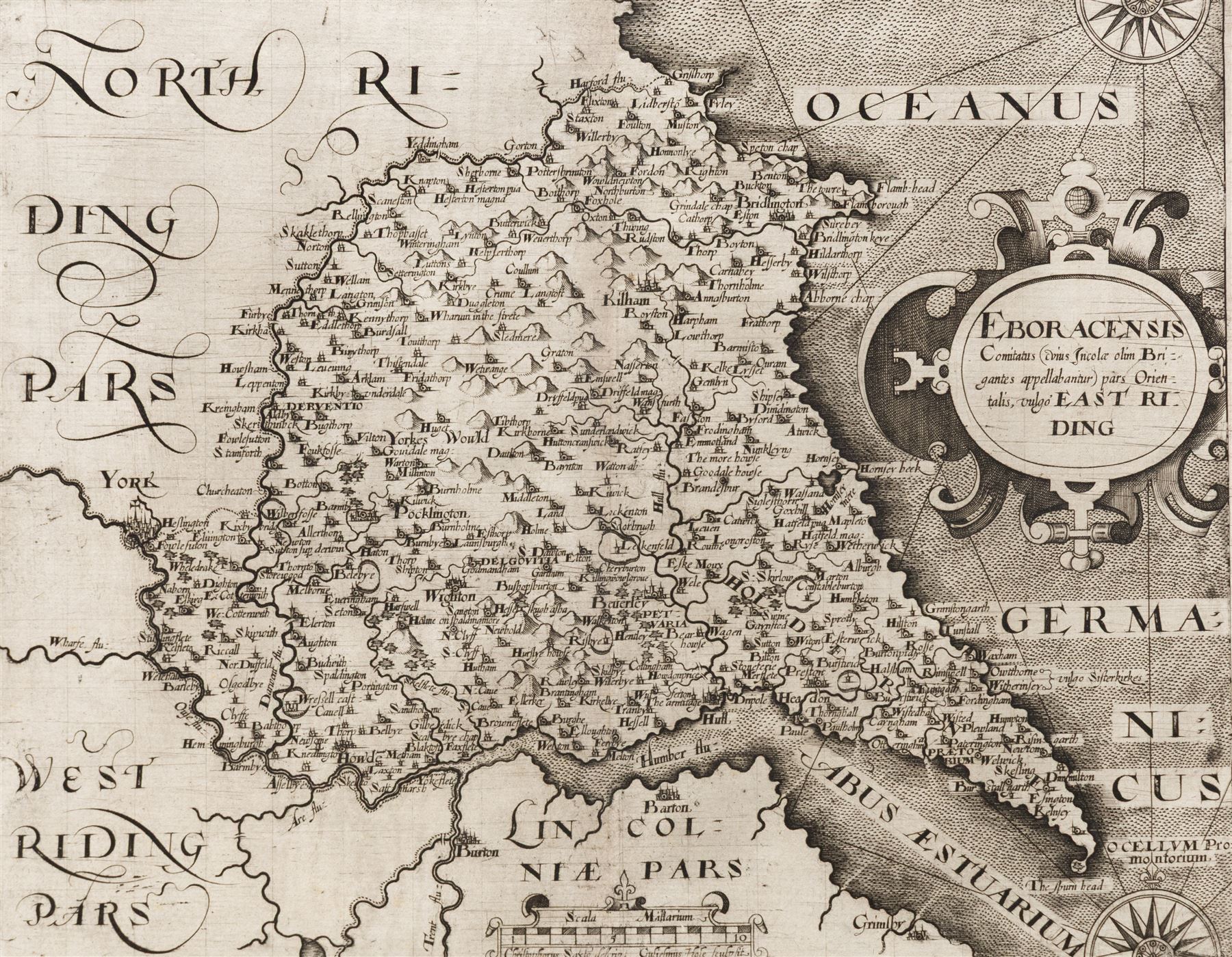 Gulielmus Hole (British ?-1624) and Christopher Saxton (British 1540-1610): 'Eboracensis Comitatus pars Orientalis vulgo East Riding', 17th century engraved map of the East Riding Yorkshire uncoloured pub. 'Camden's Britannia' c.1607, 21cm x 26cm (unframed)