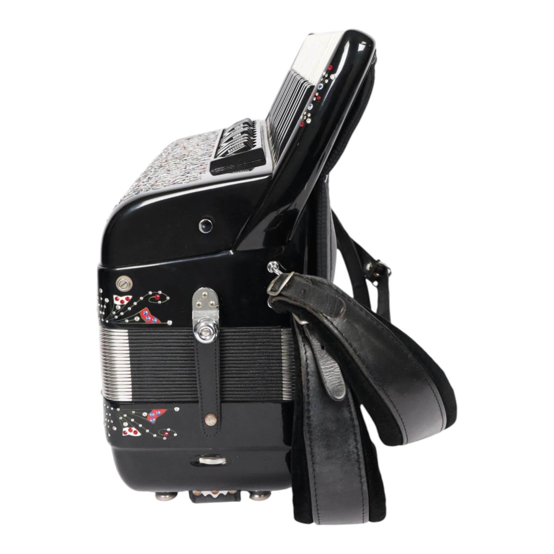Vignoni piano accordion, with 37 keys and 96 bass buttons, probably a Philharmonic II S model, the black high gloss case with carrying strap and in fitted carrycase 